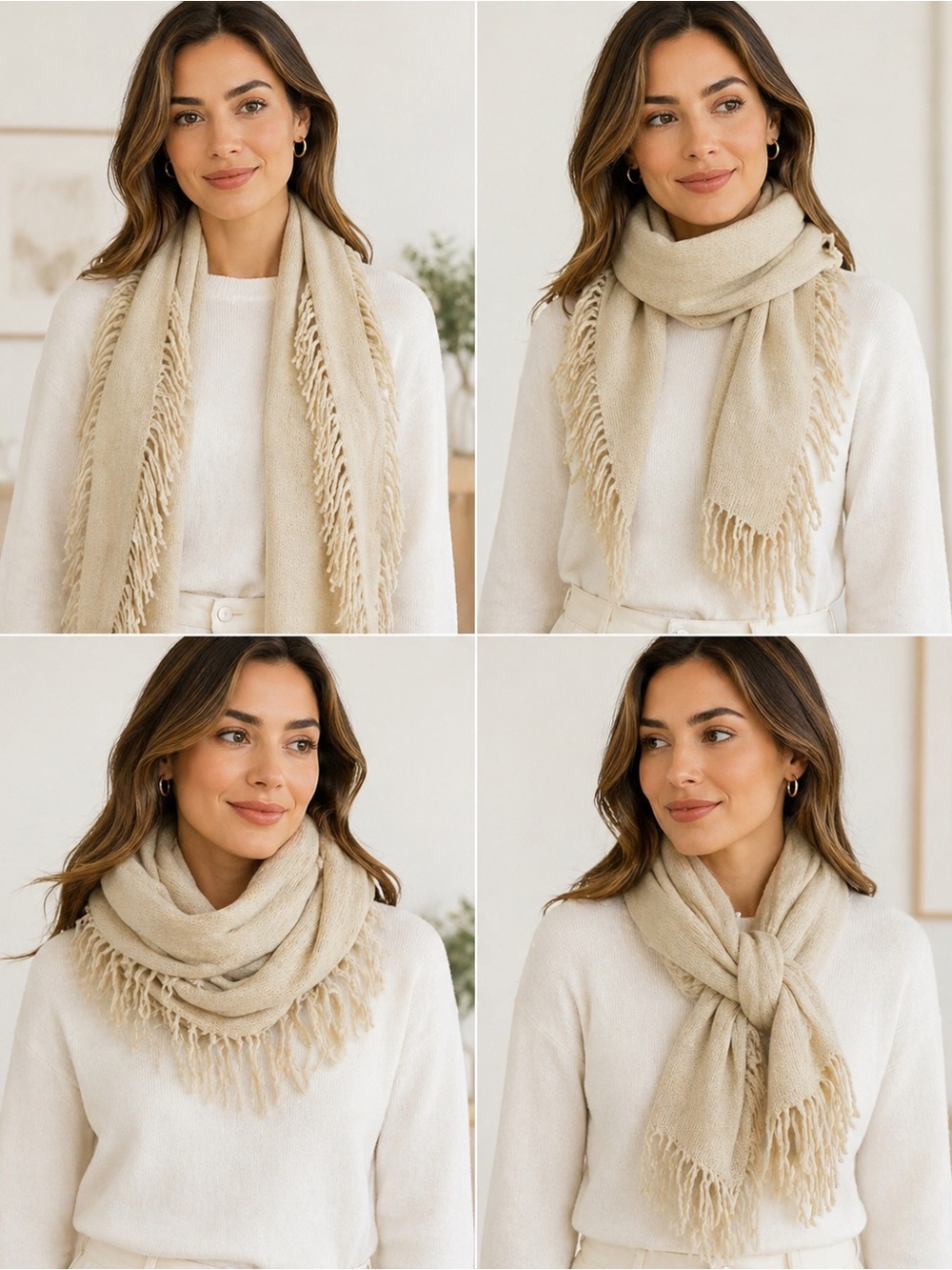 Cream Beige Fringe Knit Scarf Wrap